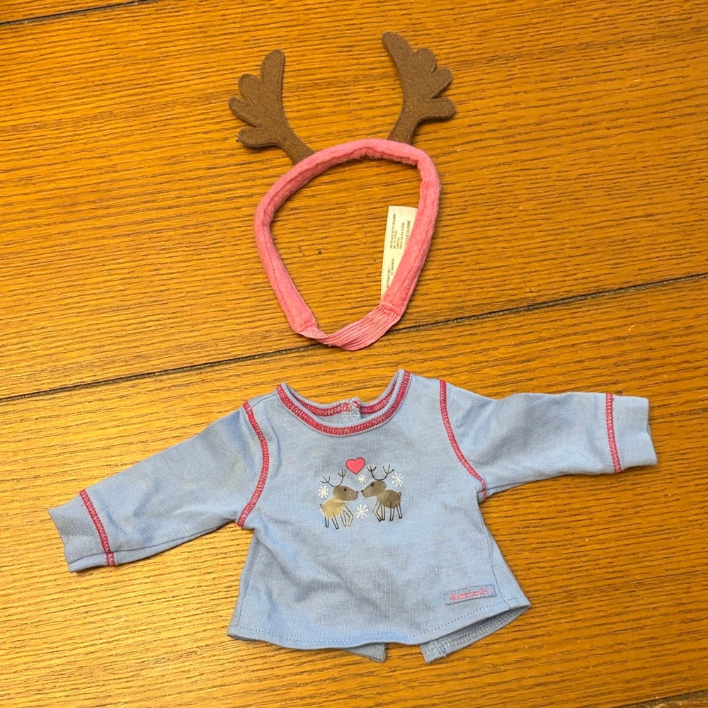 American Girl Blue Reindeer Top with Pink Antler Headband